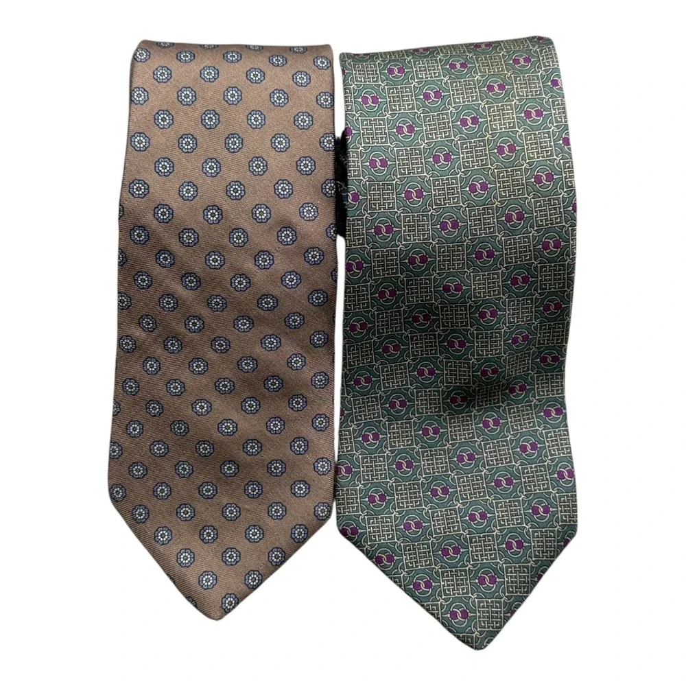 Bert Pulitzer Silk Tie Lot 2 Vintage Foulard Geometric Tan Green Made in USA